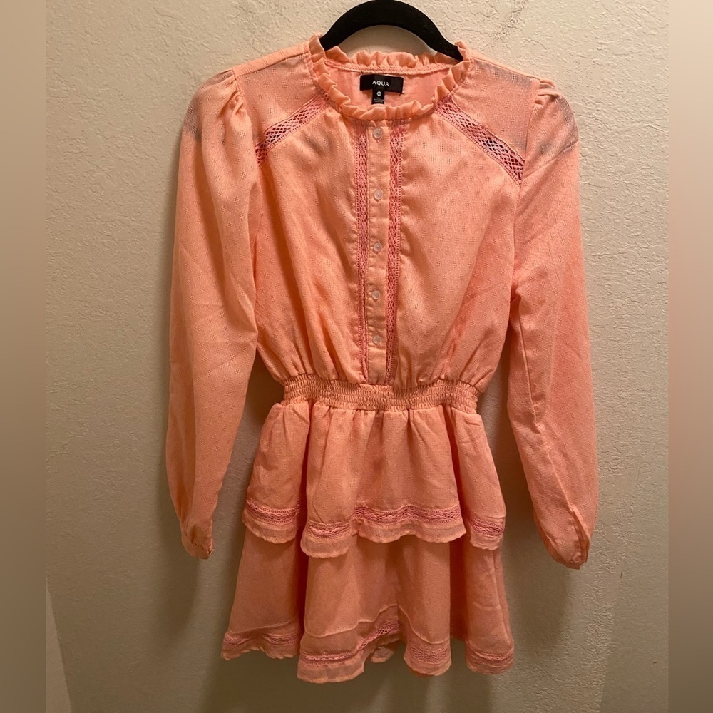 Aqua Bloomingdale's Pink Tiered Ruffled Long Sleeve Mini Dress Size XS